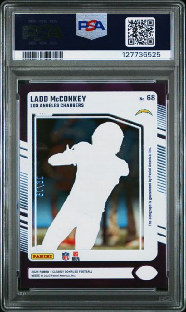 Graded 2024 Panini Clearly Donruss Ladd McConkey #68 Autograph Purple /75 Rookie RC Football Card PSA 10 Gem Mint (ONLINE ORDER ONLY)