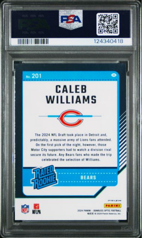 Graded 2024 Panini Donruss Optic Caleb Williams #201 Purple Shock Rookie RC Football Card PSA 10 Gem Mint (ONLINE ORDER ONLY)