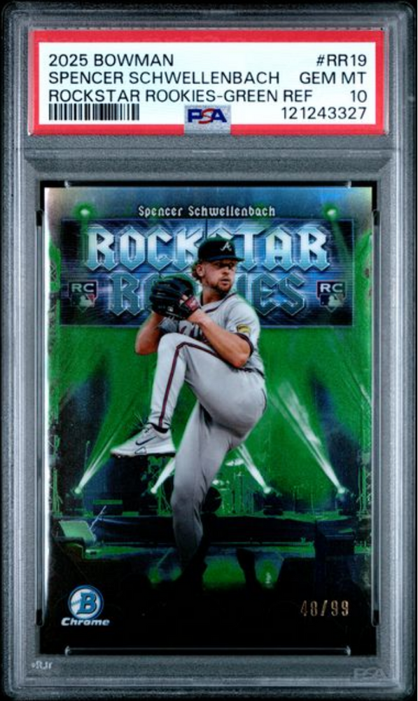 Graded 2025 Topps Bowman Spencer Schwellenbach #RR19 Rockstar Rookies Green Refractor /99 Rookie RC Baseball Card PSA 10 Gem Mint (ONLINE ORDER ONLY)