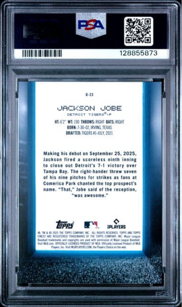 Graded 2025 Topps Finest Jackson Jobe #D23 Debut Gold Refractor /50 Rookie RC Baseball Card PSA 10 Gem Mint (ONLINE ORDER ONLY)