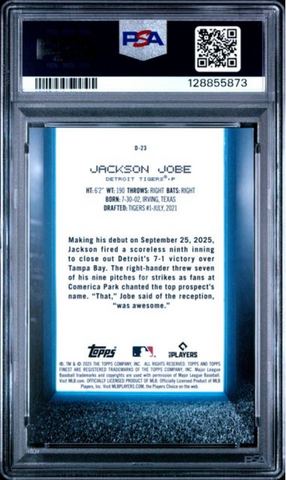 Graded 2025 Topps Finest Jackson Jobe #D23 Debut Gold Refractor /50 Rookie RC Baseball Card PSA 10 Gem Mint (ONLINE ORDER ONLY)