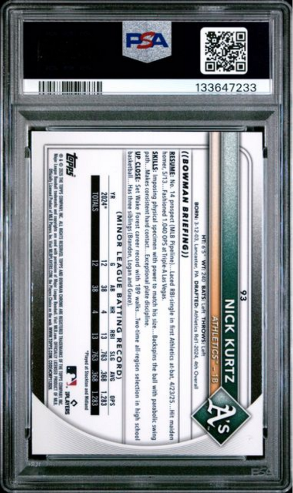 Graded 2025 Topps Bowman Chrome Nick Kurtz #93 Rookie RC Baseball Card PSA 10 Gem Mint (ONLINE ORDER ONLY)