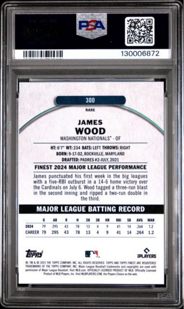 Graded 2025 Topps Finest James Wood #300 Rookie RC Baseball Card PSA 10 Gem Mint (ONLINE ORDER ONLY)