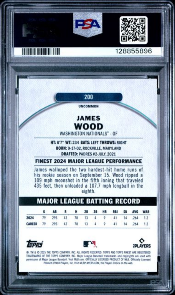 Graded 2025 Topps Finest James Wood #200 Magenta Refractor /300 Rookie RC Baseball Card PSA 10 Gem Mint (ONLINE ORDER ONLY)