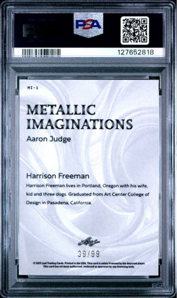Graded 2025 Leaf Aaron Judge #MI1 Metallic Imaginations Series 2 Gold /99 Baseball Card PSA 10 Gem Mint (ONLINE ORDER ONLY)