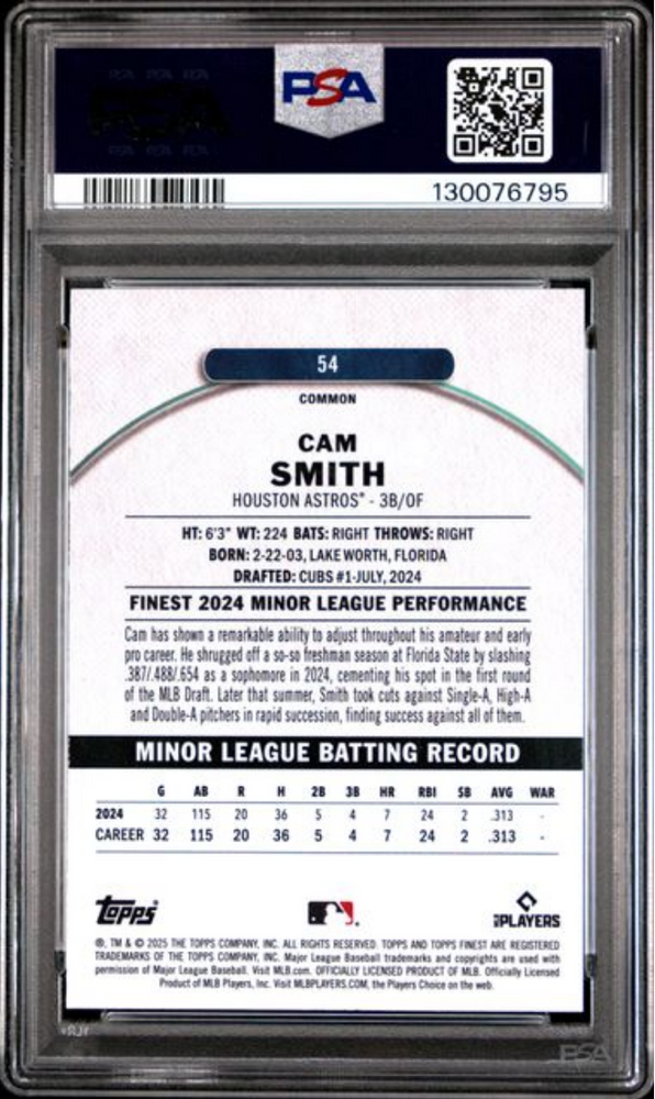Graded 2025 Topps Finest Cam Smith #54 Blue Refractor /200 Rookie RC Baseball Card PSA 10 Gem Mint (ONLINE ORDER ONLY)