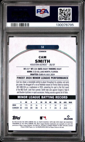 Graded 2025 Topps Finest Cam Smith #54 Blue Refractor /200 Rookie RC Baseball Card PSA 10 Gem Mint (ONLINE ORDER ONLY)