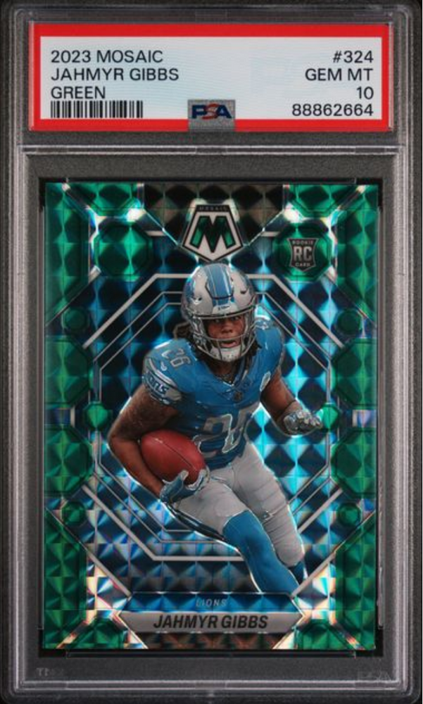 Graded 2023 Panini Mosaic Jahmyr Gibbs #324 Green Rookie RC Football Card PSA 10 Gem Mint (ONLINE ORDER ONLY)