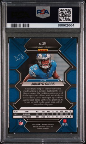 Graded 2023 Panini Mosaic Jahmyr Gibbs #324 Green Rookie RC Football Card PSA 10 Gem Mint (ONLINE ORDER ONLY)