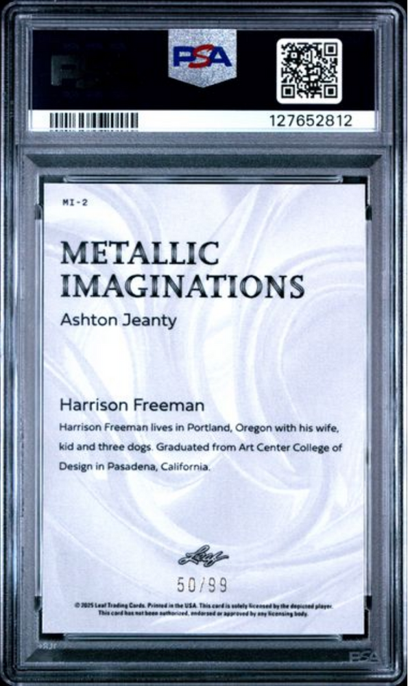 Graded 2025 Leaf Ashton Jeanty #MI2 Metallic Imaginations Series 2 Gold /99 Rookie RC Football Card PSA 10 Gem Mint (ONLINE ORDER ONLY)