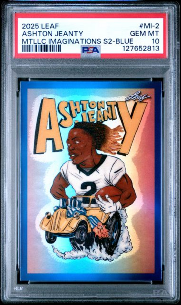 Graded 2025 Leaf Ashton Jeanty #MI2 Metallic Imaginations Series 2 Blue /49 Rookie RC Football Card PSA 10 Gem Mint (ONLINE ORDER ONLY)