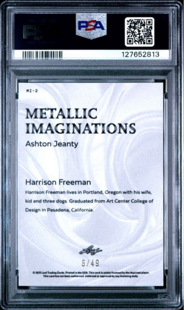 Graded 2025 Leaf Ashton Jeanty #MI2 Metallic Imaginations Series 2 Blue /49 Rookie RC Football Card PSA 10 Gem Mint (ONLINE ORDER ONLY)