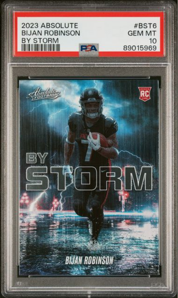 Graded 2023 Panini Absolute Bijan Robinson #BST6 By Storm Rookie RC Football Card PSA 10 Gem Mint (ONLINE ORDER ONLY)