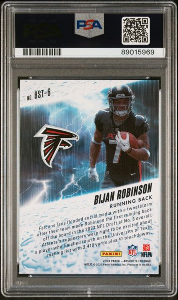 Graded 2023 Panini Absolute Bijan Robinson #BST6 By Storm Rookie RC Football Card PSA 10 Gem Mint (ONLINE ORDER ONLY)