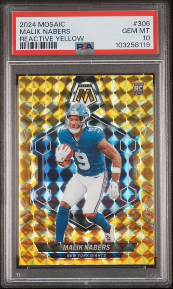 Graded 2024 Panini Mosaic Malik Nabers #306 Reactive Yellow Rookie RC Football Card PSA 10 Gem Mint (ONLINE ORDER ONLY)