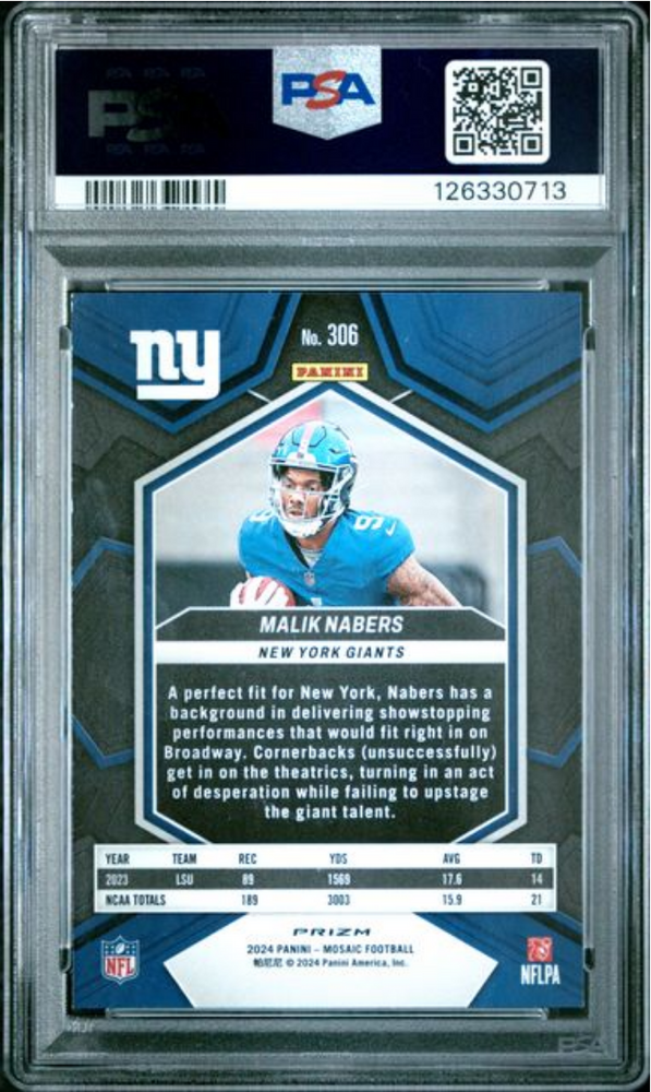 Graded 2024 Panini Mosaic Malik Nabers #306 Red Rookie RC Football Card PSA 10 Gem Mint (ONLINE ORDER ONLY)