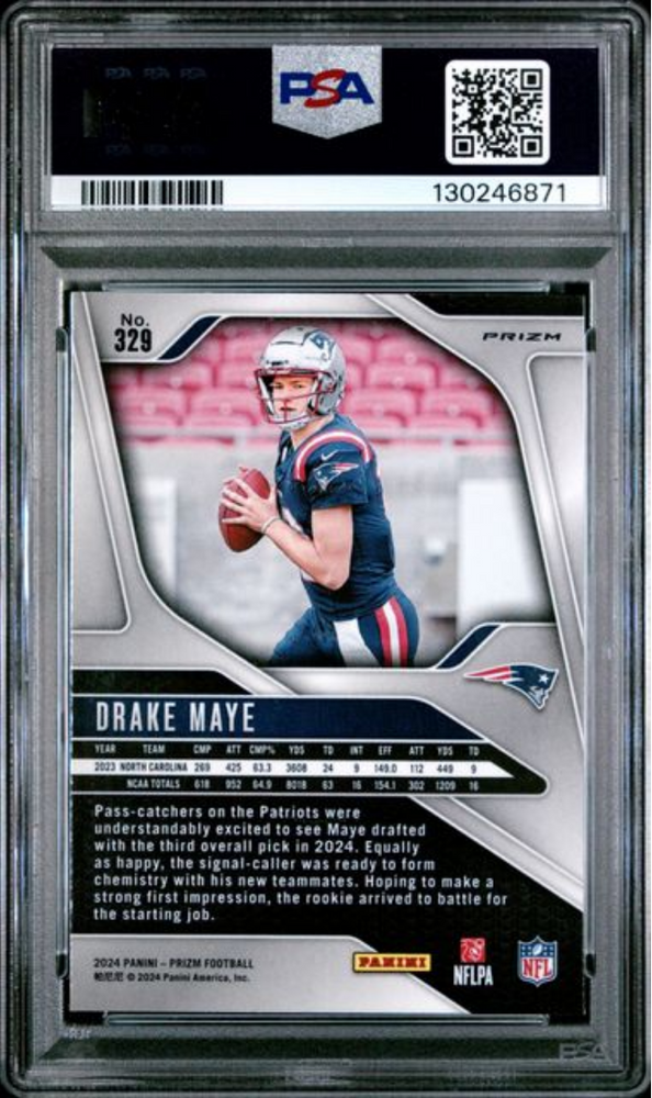 Graded 2024 Panini Prizm Drake Maye #329 Neon Green Pulsar Rookie RC Football Card PSA 9 Mint (ONLINE ORDER ONLY)