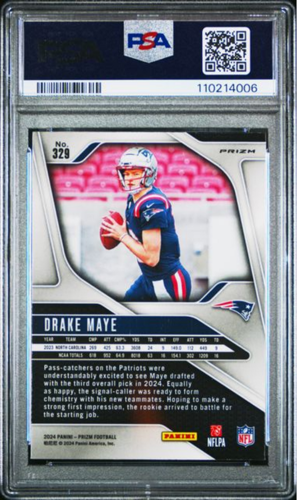 Graded 2024 Panini Prizm Drake Maye #329 Disco Prizm Rookie RC Football Card PSA 9 Mint (ONLINE ORDER ONLY)