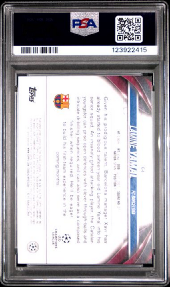 Graded 2023 Topps UEFA CC Lamine Yamal #64 Rookie RC Soccer Card PSA 9 Mint (ONLINE ORDER ONLY)