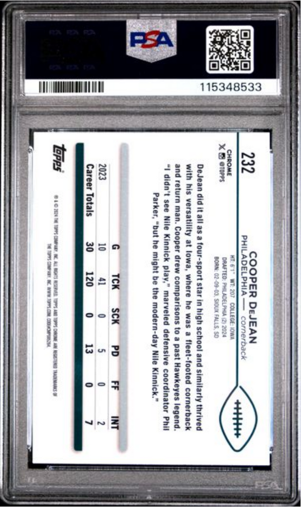 Graded 2024 Topps Chrome Cooper DeJean #232 Green Geometric /99 Rookie RC Football Card PSA 10 Gem Mint (ONLINE ORDER ONLY)