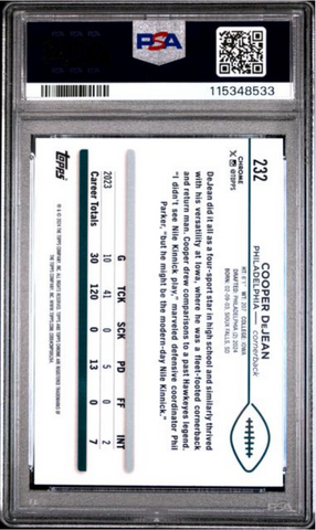 Graded 2024 Topps Chrome Cooper DeJean #232 Green Geometric /99 Rookie RC Football Card PSA 10 Gem Mint (ONLINE ORDER ONLY)