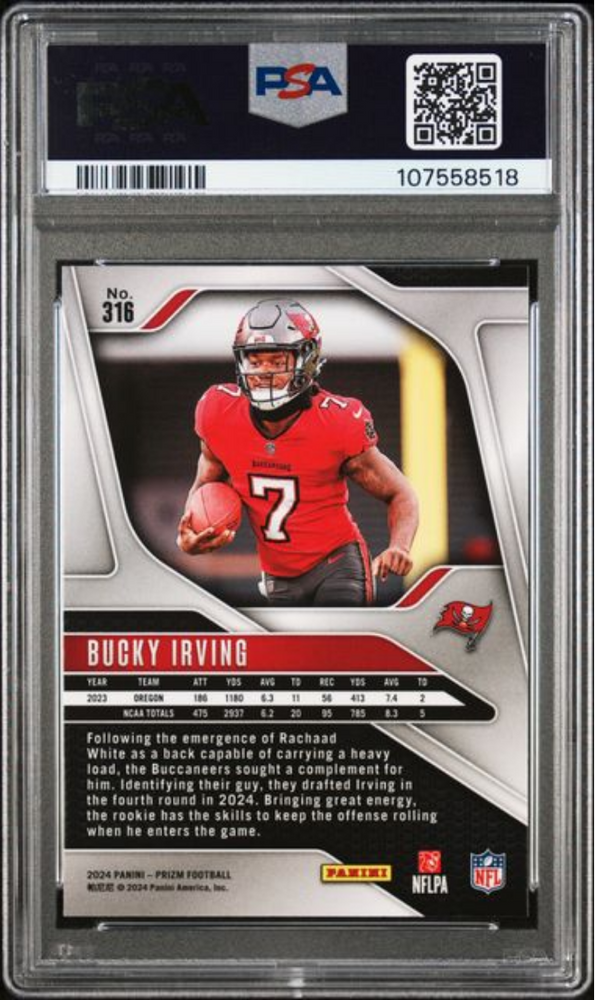 Graded 2024 Panini Prizm Bucky Irving #316 Rookie RC Football Card PSA 10 Gem Mint (ONLINE ORDER ONLY)