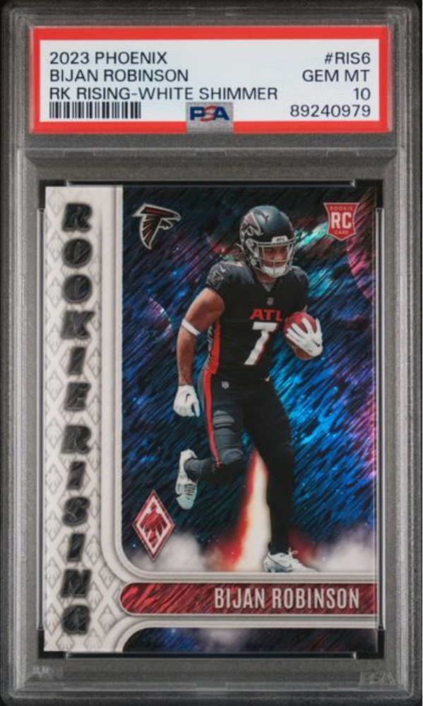 Graded 2023 Panini Phoenix Bijan Robinson #RIS6 Rookie Rising White Shimmer Rookie RC Football Card PSA 10 Gem Mint (ONLINE ORDER ONLY)
