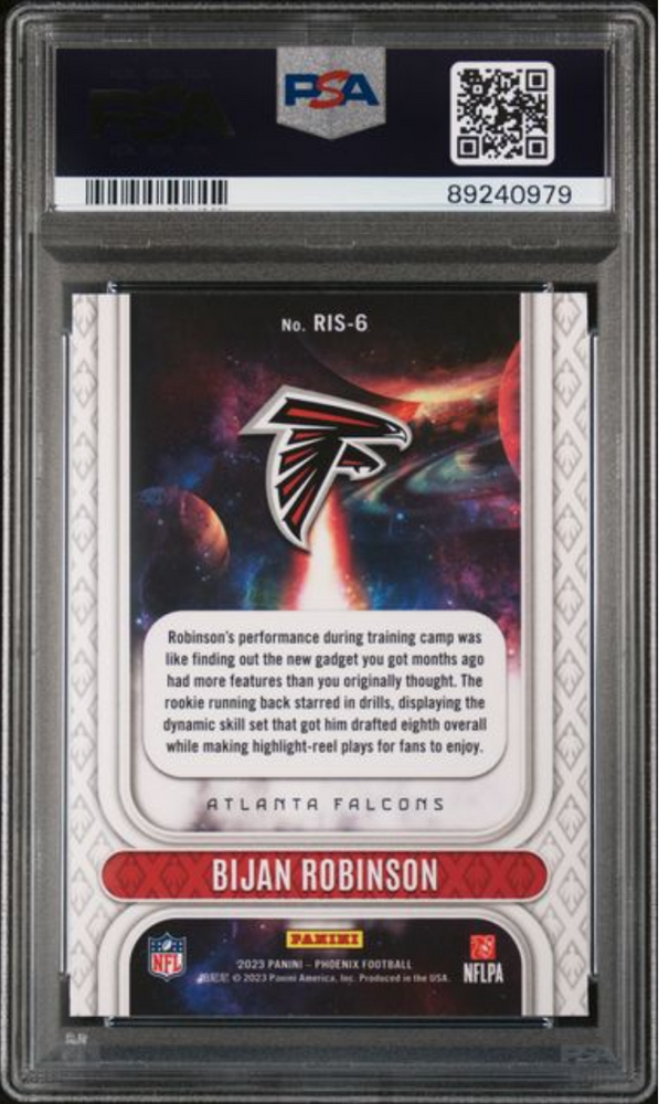 Graded 2023 Panini Phoenix Bijan Robinson #RIS6 Rookie Rising White Shimmer Rookie RC Football Card PSA 10 Gem Mint (ONLINE ORDER ONLY)