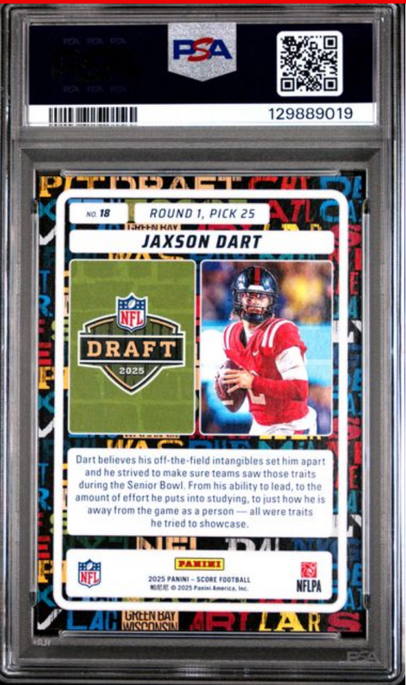 Graded 2025 Panini Score Jaxson Dart #18 NFL Draft Rookie RC Football Card PSA 9 Mint (ONLINE ORDER ONLY)