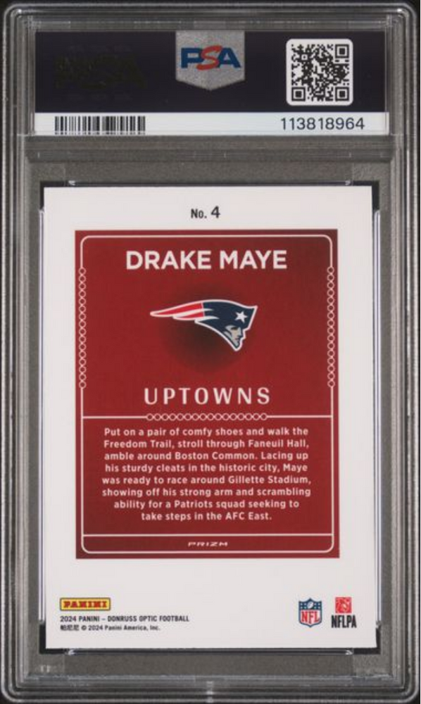 Graded 2024 Panini Donruss Optic Drake Maye #4 Uptowns Rookie RC Football Card PSA 10 Gem Mint (ONLINE ORDER ONLY)