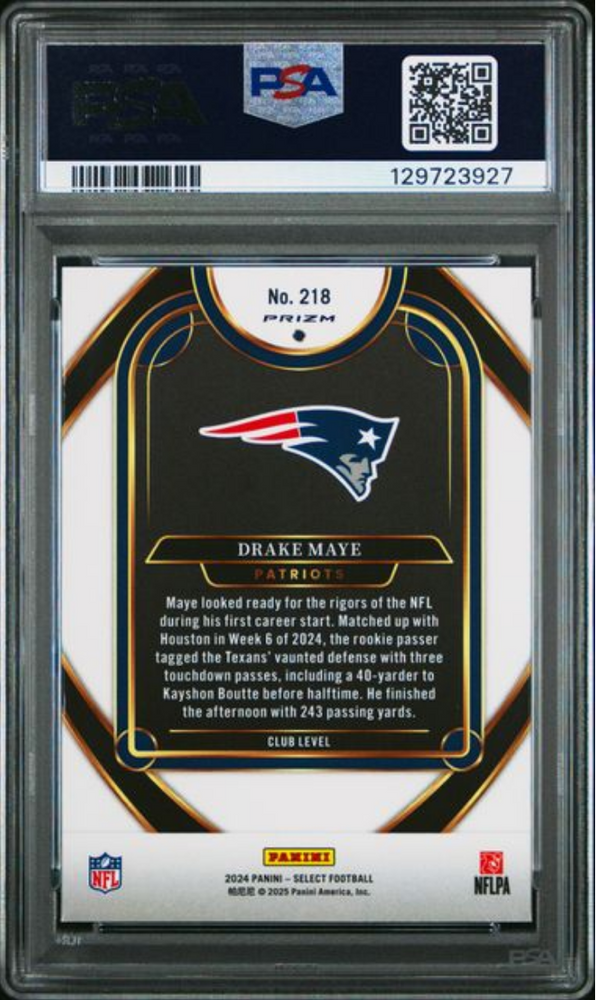 Graded 2024 Panini Select Drake Maye #218 Green & Yellow Shock Rookie RC Football Card PSA 10 Gem Mint (ONLINE ORDER ONLY)