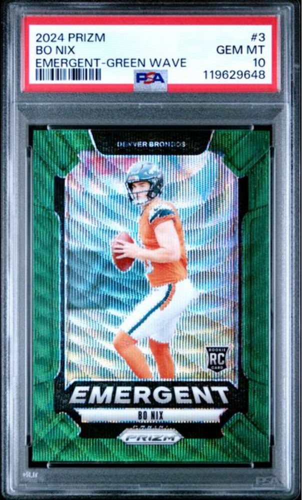 Graded 2024 Panini Prizm Bo Nix #3 Emergent Green Wave Rookie RC Football Card PSA 10 Gem Mint (ONLINE ORDER ONLY)