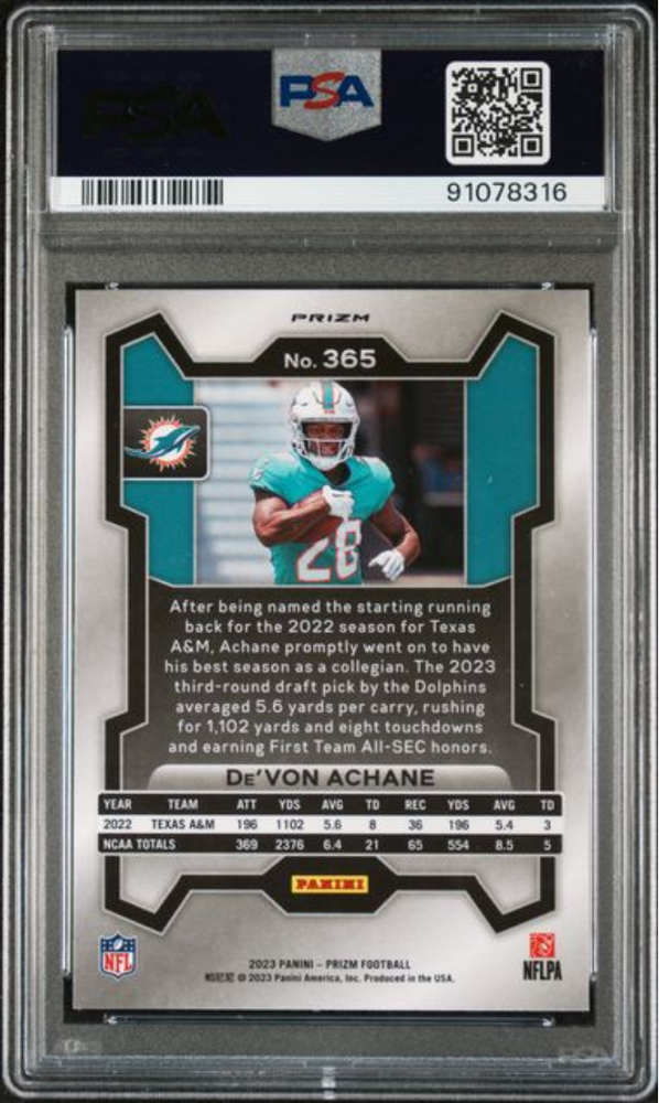 Graded 2023 Panini Prizm Devon Achane #365 No Huddle Rookie RC Football Card PSA 10 Gem Mint (ONLINE ORDER ONLY)