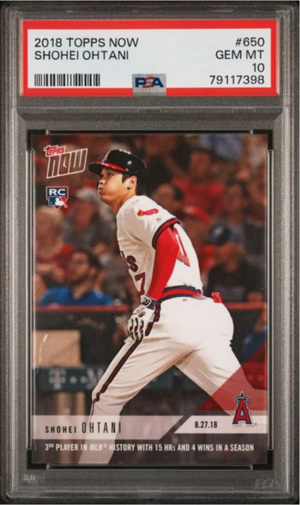 Graded 2018 Topps Now Shohei Ohtani #650 3rd Player in MLB History with 15HRs & 4 Wins in a Season Rookie RC Baseball Card PSA 10 Gem Mint (ONLINE ORDER ONLY)
