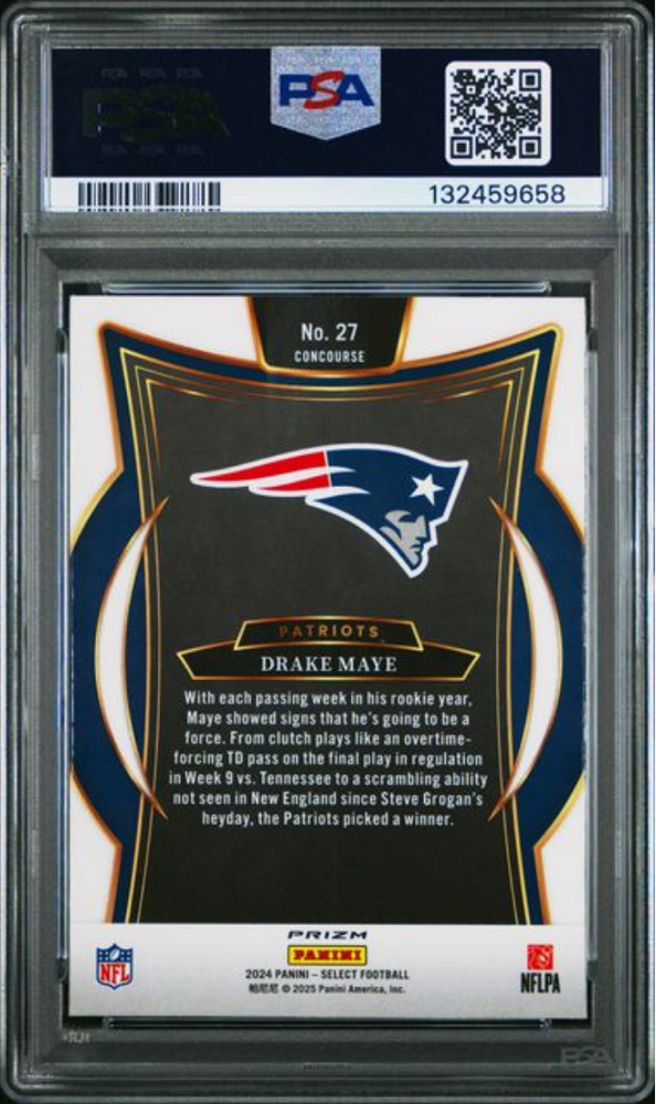 Graded 2024 Panini Select Drake Maye #27 Black & Red Shock Rookie RC Football Card PSA 9 Mint (ONLINE ORDER ONLY)