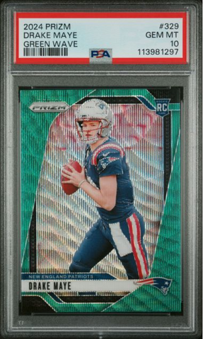 Graded 2024 Panini Prizm Drake Maye #329 Green Wave Rookie RC Football Card PSA 10 Gem Mint (ONLINE ORDER ONLY)