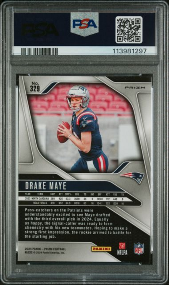 Graded 2024 Panini Prizm Drake Maye #329 Green Wave Rookie RC Football Card PSA 10 Gem Mint (ONLINE ORDER ONLY)