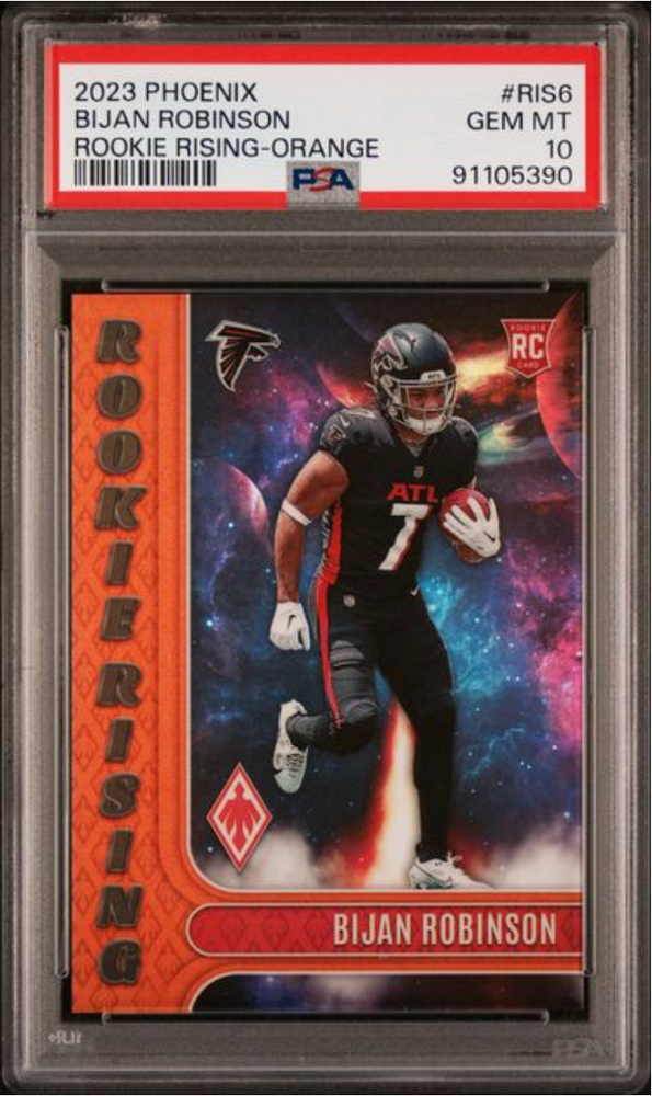 Graded 2023 Panini Phoenix Bijan Robinson #RIS6 Rookie Rising Orange /99 Rookie RC Football Card PSA 10 Gem Mint (ONLINE ORDER ONLY)