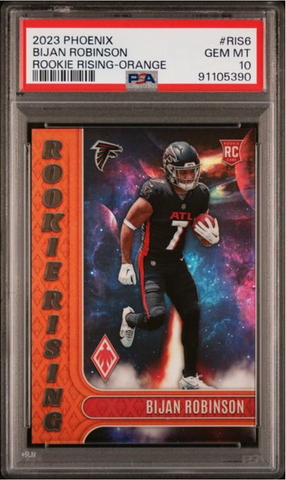 Graded 2023 Panini Phoenix Bijan Robinson #RIS6 Rookie Rising Orange /99 Rookie RC Football Card PSA 10 Gem Mint (ONLINE ORDER ONLY)