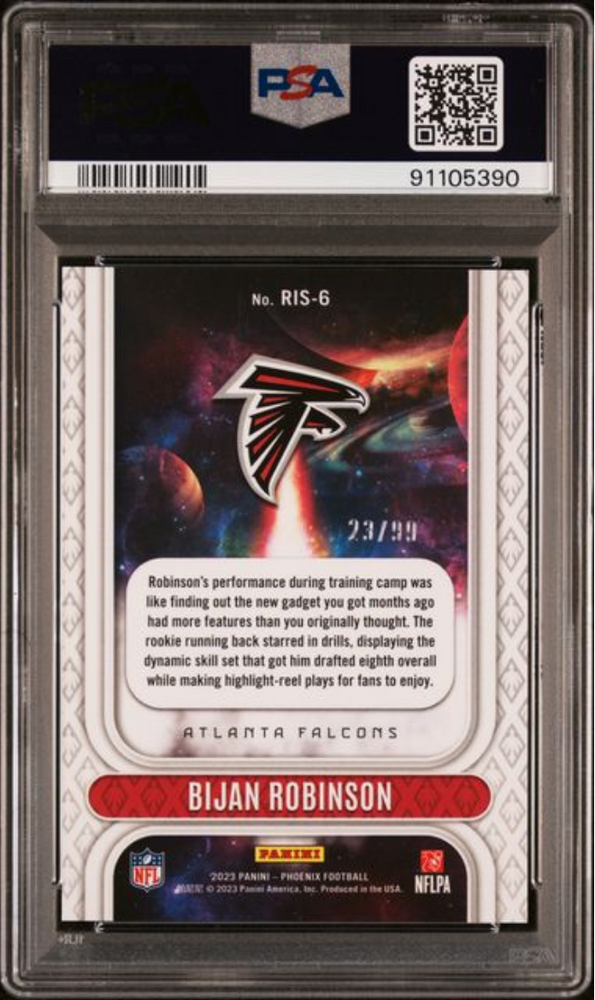 Graded 2023 Panini Phoenix Bijan Robinson #RIS6 Rookie Rising Orange /99 Rookie RC Football Card PSA 10 Gem Mint (ONLINE ORDER ONLY)