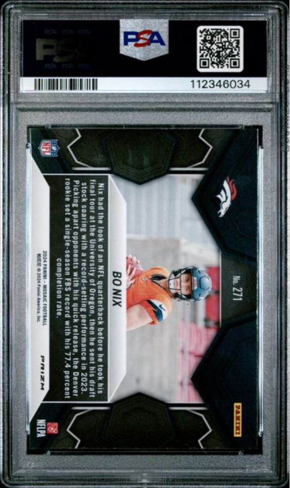 Graded 2024 Panini Mosaic Bo Nix #271 Mosaic Rookie RC Football Card PSA 10 Gem Mint (ONLINE ORDER ONLY)