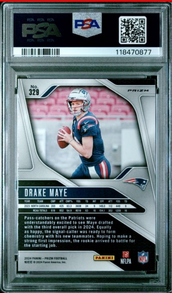 Graded 2024 Panini Prizm Drake Maye #329 Pink Wave Rookie RC Football Card PSA 10 Gem Mint (ONLINE ORDER ONLY)