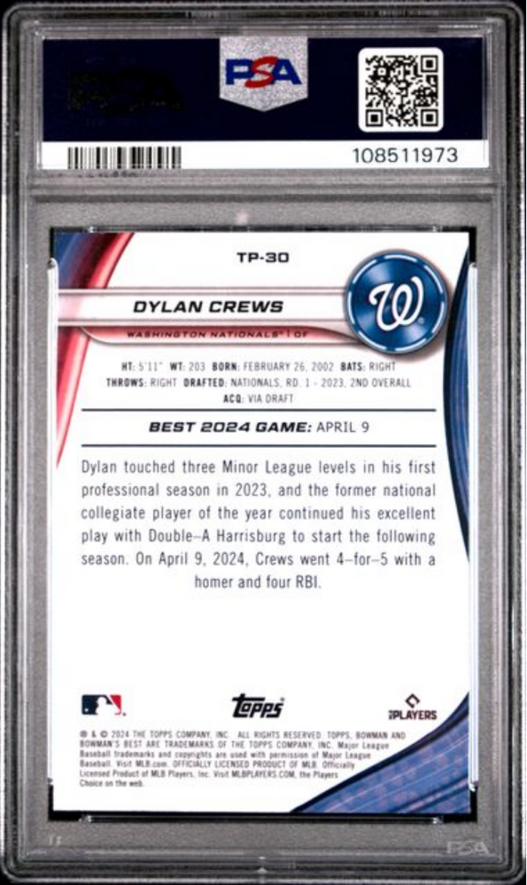 Graded 2024 Topps Bowmans Best Dylan Crews #TP30 Top Prospects Rookie RC Baseball Card PSA 10 Gem Mint (ONLINE ORDER ONLY)