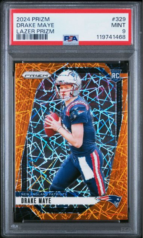 Graded 2024 Panini Prizm Drake Maye #329 Lazer Prizm Rookie RC Football Card PSA 9 Mint (ONLINE ORDER ONLY)