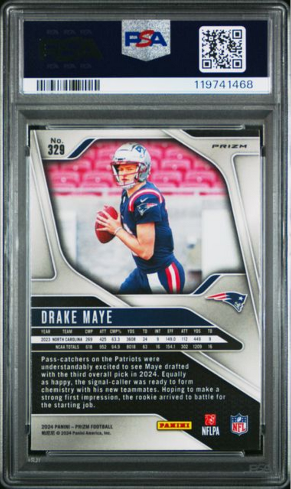 Graded 2024 Panini Prizm Drake Maye #329 Lazer Prizm Rookie RC Football Card PSA 9 Mint (ONLINE ORDER ONLY)
