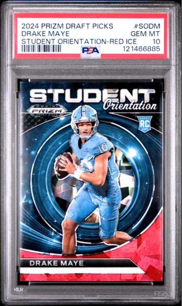 Graded 2024 Panini Prizm Draft Picks Drake Maye #SODM Student Orientation Red Ice Rookie RC Football Card PSA 10 Gem Mint (ONLINE ORDER ONLY)