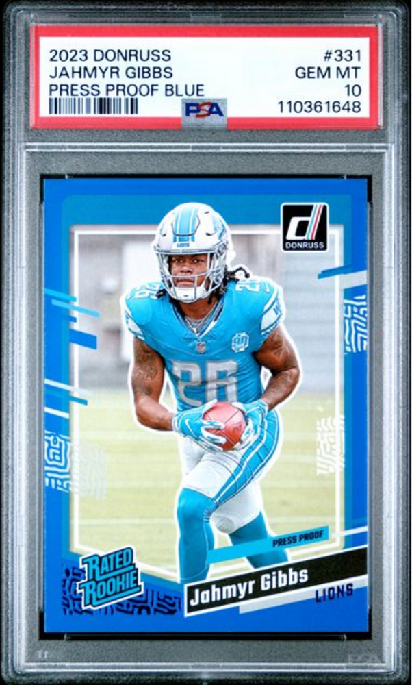 Graded 2023 Panini Donruss Jahmyr Gibbs #331 Press Proof Blue Rookie RC Football Card PSA 10 Gem Mint (ONLINE ORDER ONLY)