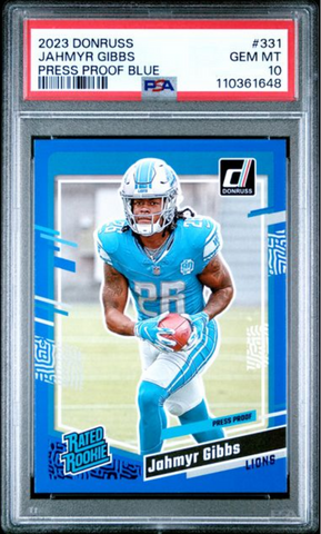 Graded 2023 Panini Donruss Jahmyr Gibbs #331 Press Proof Blue Rookie RC Football Card PSA 10 Gem Mint (ONLINE ORDER ONLY)