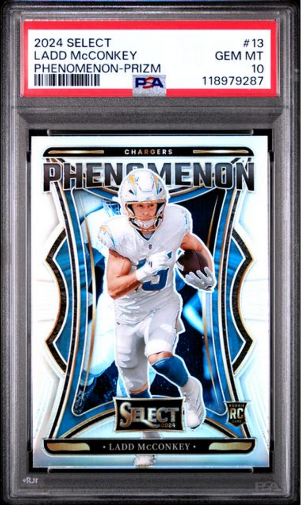 Graded 2024 Panini Select Ladd McConkey #13 Phenomenon Prizm Rookie RC Football Card PSA 10 Gem Mint (ONLINE ORDER ONLY)