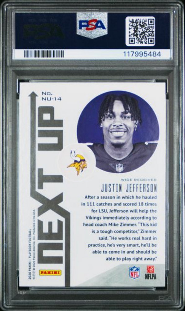 Graded 2020 Panini Playbook Justin Jefferson #14 Next Up Rookie RC Football Card PSA 10 Gem Mint (ONLINE ORDER ONLY)